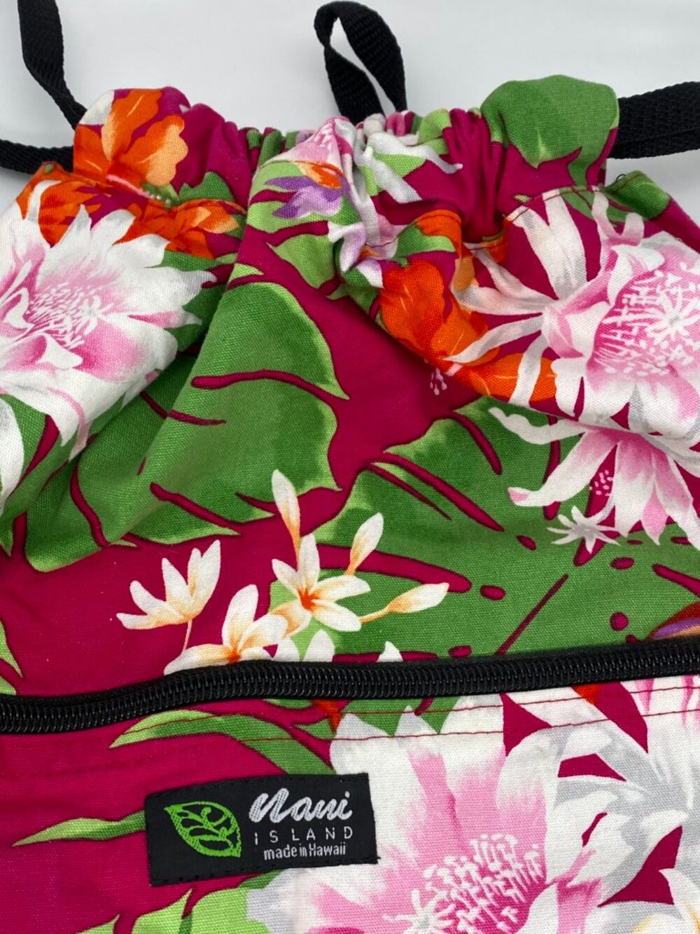 Nani Island Hawaii Bag Backpack Drawstring Zip Floral Travel Beach Pink 16 x 14